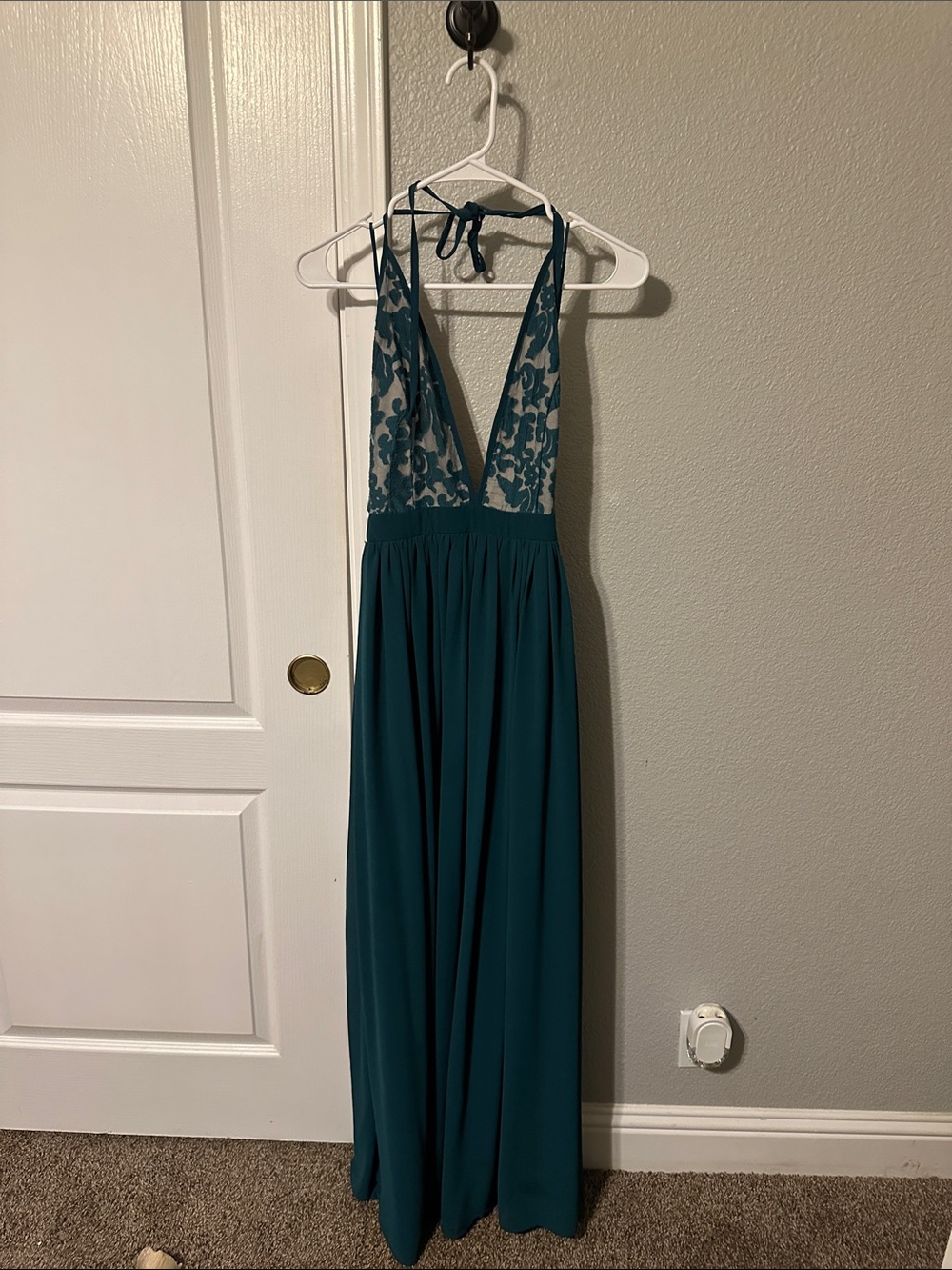 Teal Backless Halter Evening Gown with Lace Bodice